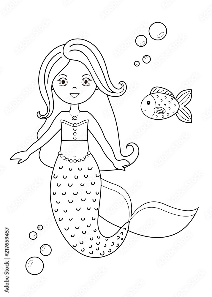 Premium Vector  Mermaid with fish coloring page cartoon illustration