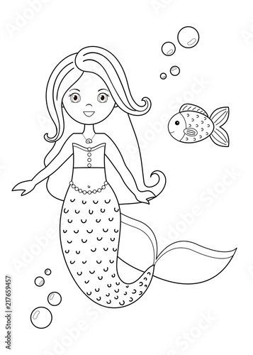 Coloring page activity for kids. Cute cartoon mermaid with a fish. Vector illustration