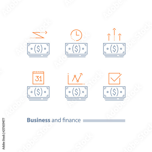 Installment payment, calendar payment day, time period, money bundle financial transfer, loan approval, annual dividends