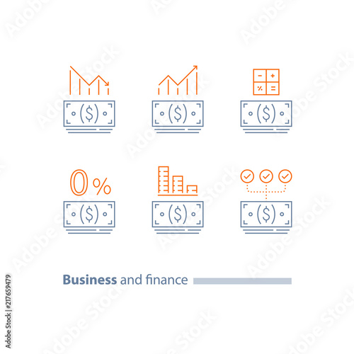 Down payment, refinance loan, credit approval, investment dividends, decrease and increase graph, cost calculating, interest rate