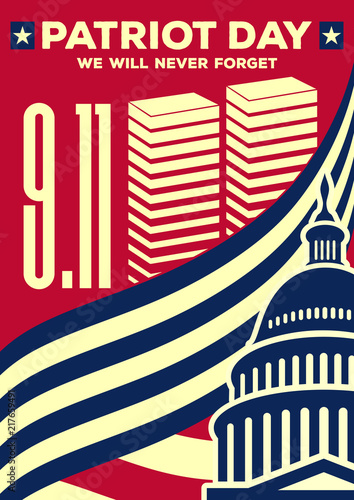 Patriot Day vintage banner or poster. We will never forget September 11. Vector illustration