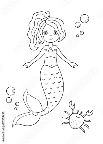 Coloring page for kids. Cute cartoon mermaid with a crab. Vector illustration