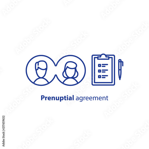 Check list clipboard, prenuptial agreement document, couple divorce, sociology concept, questionnaire form icon