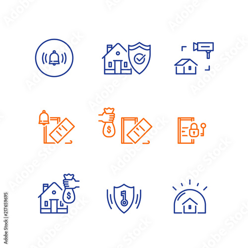 House video camera surveillance, alarm guard system, home security, burglary protection, property break in insurance, stroke icon