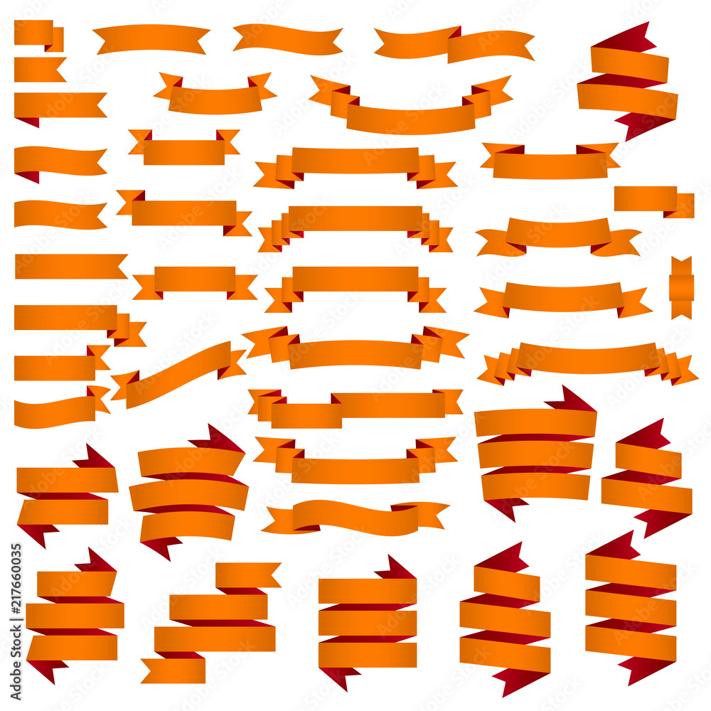 big set of orange ribbons banners, isolated on white