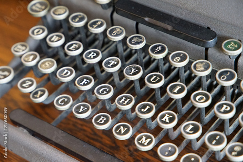 Scene of the key to old typewriter on the desk of the room