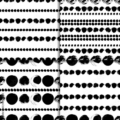 Vector seamless pattern set with circles brush strokes. Black and white doodle. Four Grungy backgrounds. Abstract hand drawn illustrations.