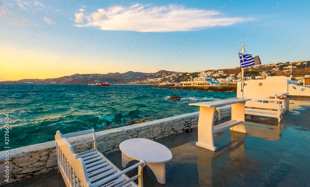View from pier at sunset at Mykonos island