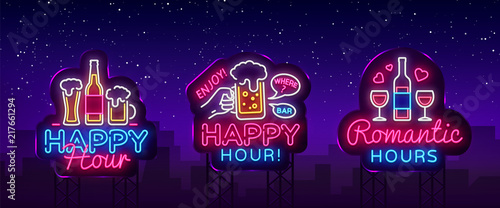 Happy Hour neon sign collection vector. Happy Hour Design template neon sign, Night Dinner, celebration light banner, neon signboard, nightly bright advertising, light inscription. Vector Billboards