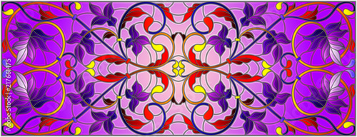 Illustration in stained glass style with abstract  swirls flowers and leaves  on a purple background horizontal orientation
