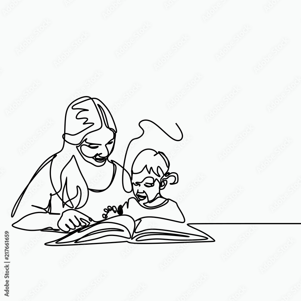 One Continuous Line Art Drawing With A Mom Teaching Her Baby Kid By Reading A Book And Telling Story Stock Vector Adobe Stock