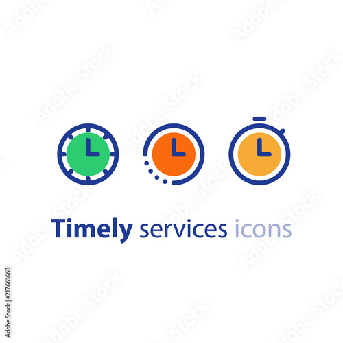 Time clock line icon set, fast delivery, quick service, working hours