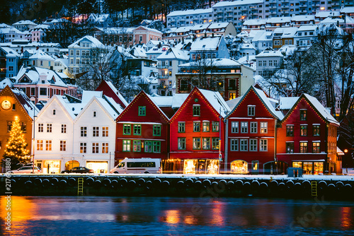 Harbour of Bergan, Norway. Brightly lighted houses near port of Bergan during Christmas
