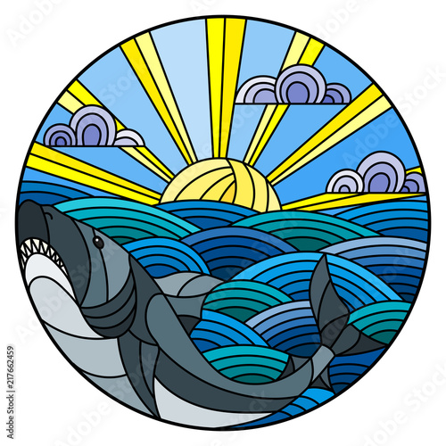 Illustration in stained glass style shark into the waves, Sunny sky and clouds, round image