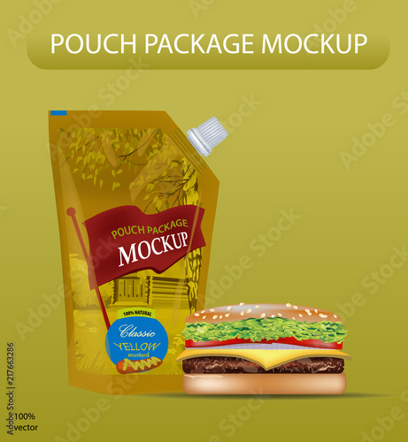 Yellow mustard pouch mockup. Vector eps 10. Digital vector yellow mustard  package mockup, ready for your logo and design