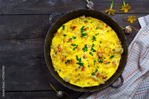 Wallpaper Mural Traditional rustic omelette with bacon, pasta and greens .  Copy space Torontodigital.ca