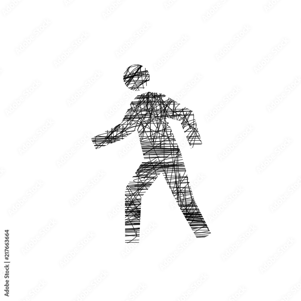 Walking man, primitive drawing in black pencil on a white background