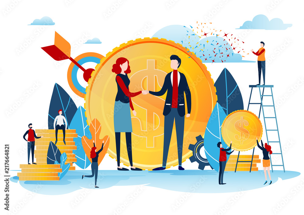 Obraz premium Handshake of the investors. Financing creative idea. Success concept. Businessman with gold coin. Start up project. Flat cartoon miniature character. Vector illustration design on white background.