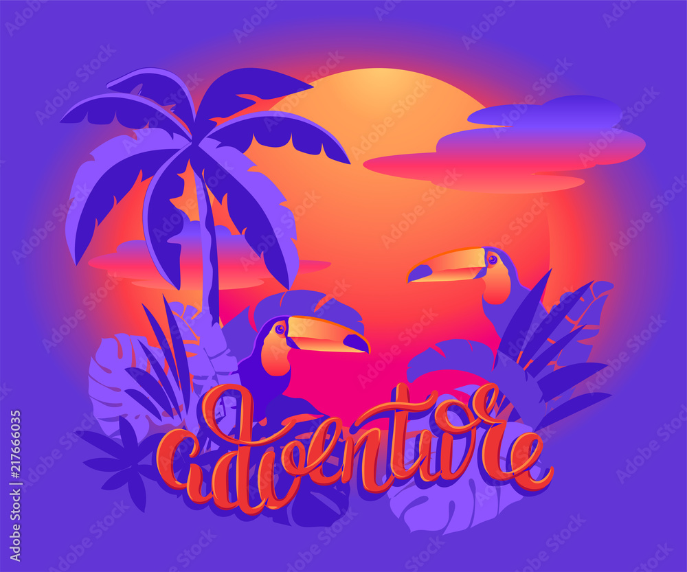 tropical retro background adventure . Vector illustration in retro style