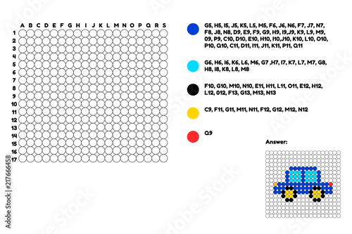 Vector illustration. Game for preschool children. Coloring. Color the circles according to the coordinates. transport passenger car