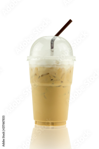 Iced coffee in plastic glass isolated on white background, this has clipping path.