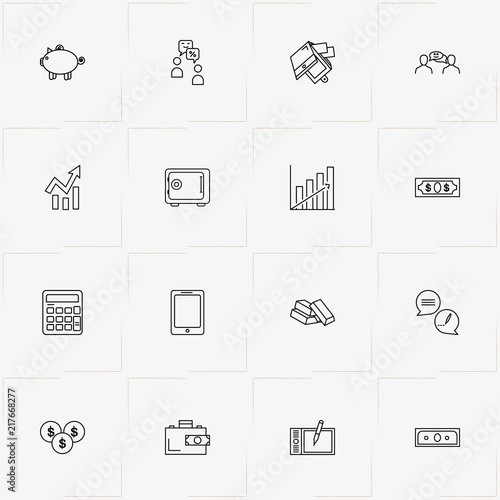 Economics line icon set with thrift box, tablet and coins