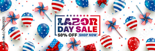 Labor Day Sale poster template.USA labor day celebration with American balloons flag,star and tools.Sale promotion advertising banner template for USA Labor Day Brochures,Poster or Banner