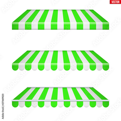 Set of rectangular fabric awnings. Solar shade screens and retractable awnings. Green strip color. Vector illustration isolated on background.