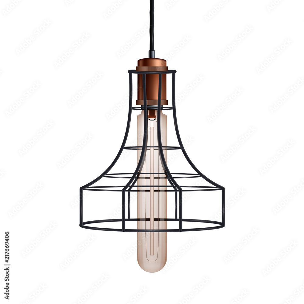 Decorative edison light bulb in Retro design wire lampshade. Vintage and antique style with copper. Original Vintage design. Vector Illustration isolated on white background Decorative edison light bulb in Retro design wire lampshade. Vintage and antique style with copper. Original Vintage design. Vector Illustration isolated on white background