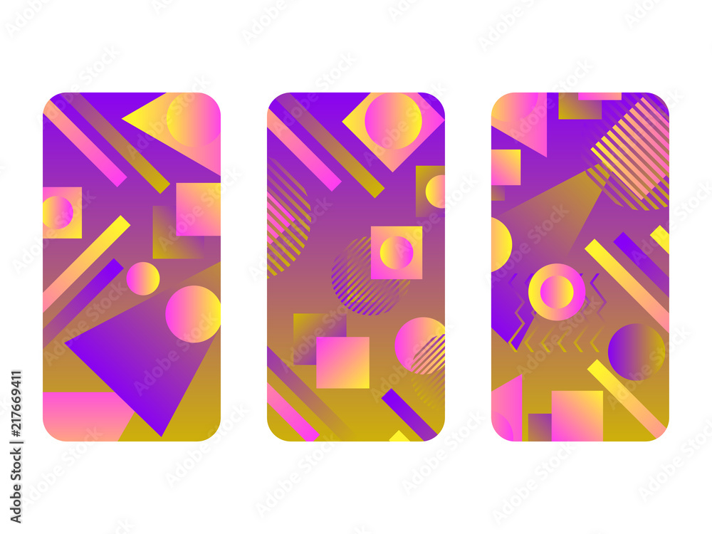 Naklejka premium Phone case mockup. Memphis pattern background. Gradients geometric shape style of the 80s. Smartphone cases set. Vector illustration