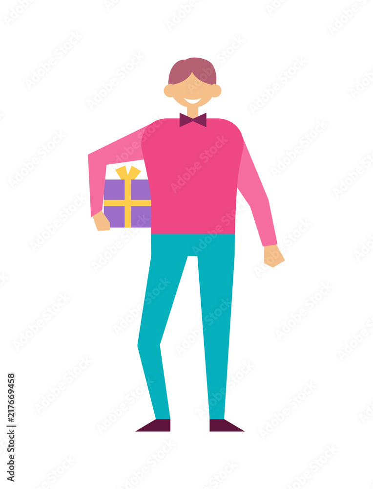 Male with Present Wrapped Gift Box in Hands Vector
