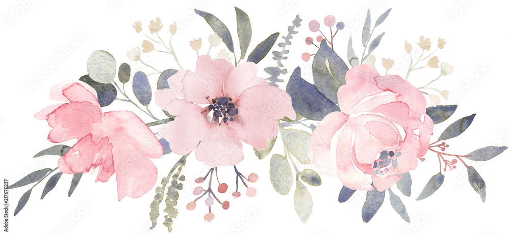 Kompozycja bukietowa ozdobiona zakurzonymi różowymi akwarelowymi kwiatami i eukaliptusową zielenią <span>plik: #217670237 | autor: anamad</span>