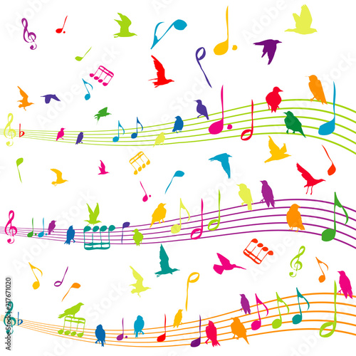 Abstract music note with silhouettes of birds flying