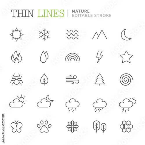 Collection of nature related line icons. Editable stroke