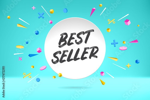 White paper bubble cloud with text Best Seller sale, shopping promo banner, discount design. Vector poster with cloud talk, text message, explosion graphic elements concept in memphis geometric style.