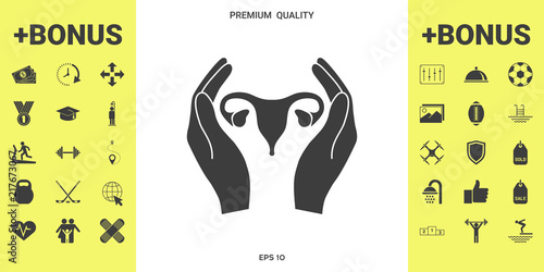 Hands holding Female uterus - protection icon