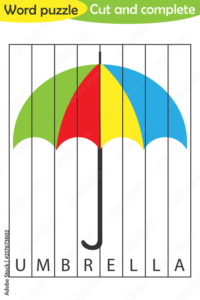 Word puzzle, umbrella in cartoon style, education game for development ...
