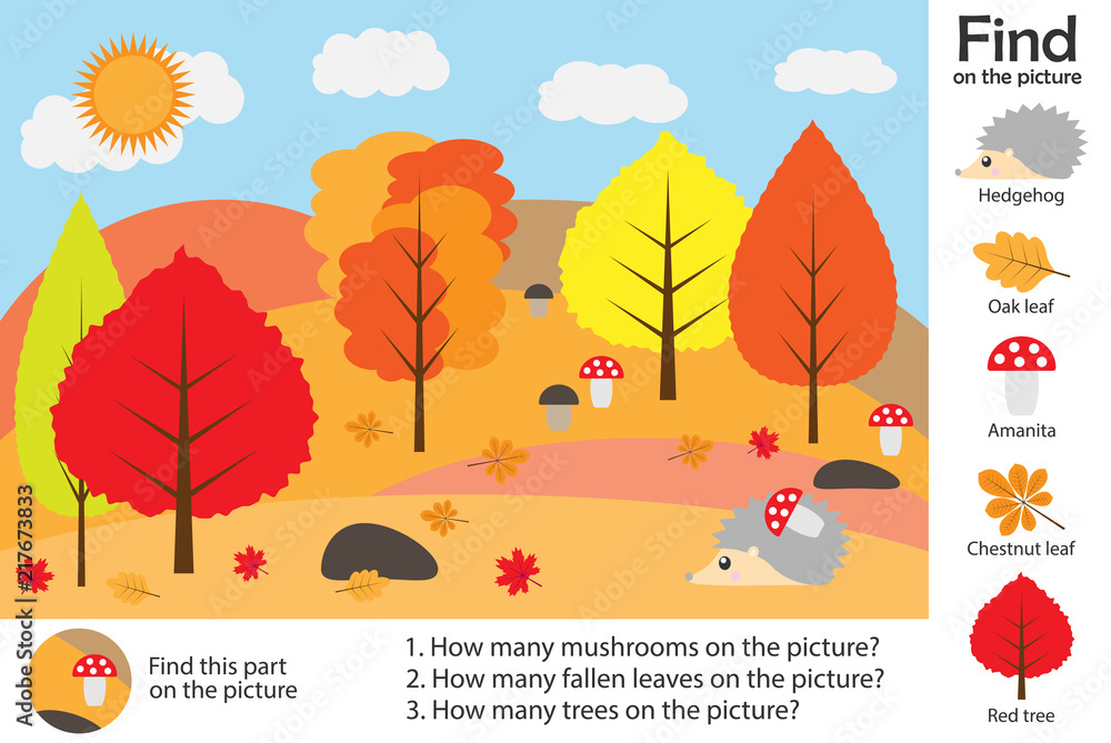 Activity page, autumn forest in cartoon style, find images, answer the questions, visual education game for the development of children, kids preschool activity, worksheet, vector illustration