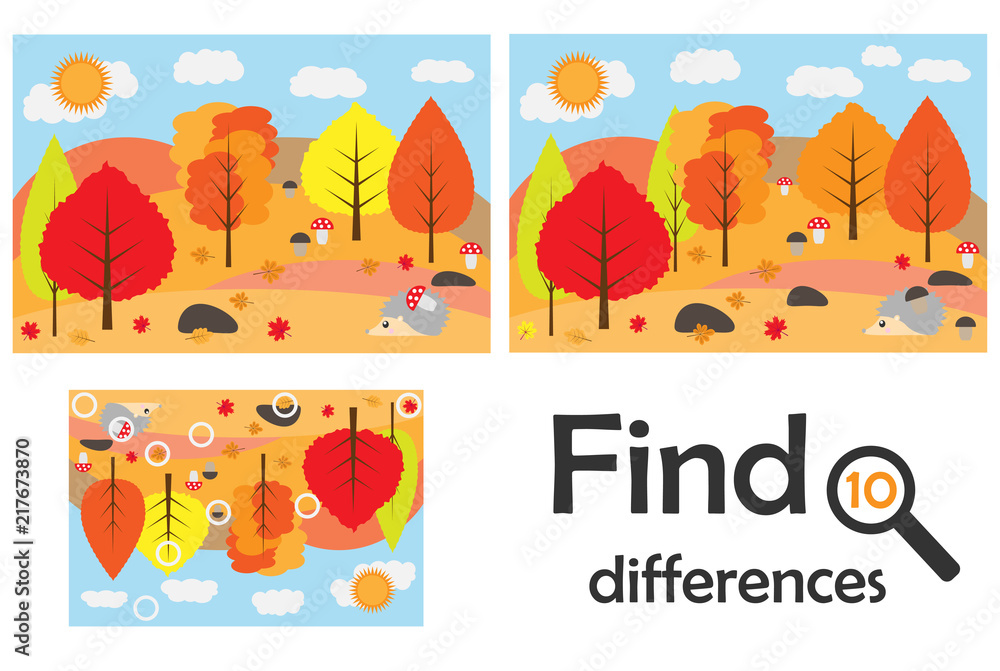 Find 10 differences, game for children, autumn forest in cartoon style, education game for kids, preschool worksheet activity, task for the development of logical thinking, vector illustration