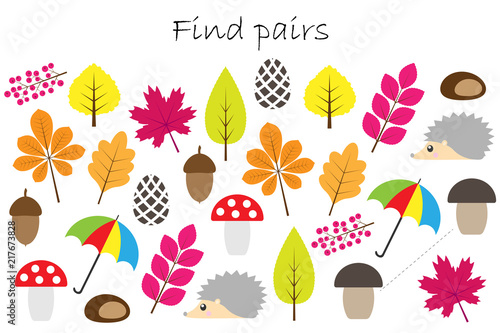 Find pairs of identical pictures, fun education game with autumn theme for children, preschool worksheet activity for kids, task for the development of logical thinking, vector illustration