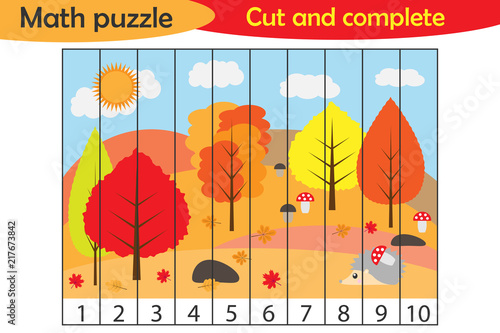Math puzzle, autumn forest in cartoon style, education game for development of preschool children, use scissors, cut parts of the image and complete the picture, vector illustration