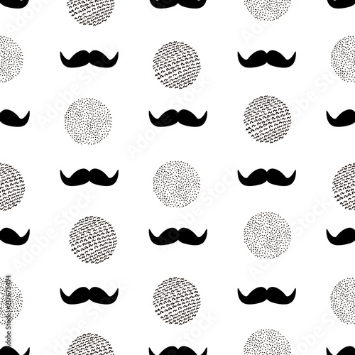 Seamless pattern with black mustache and circles.