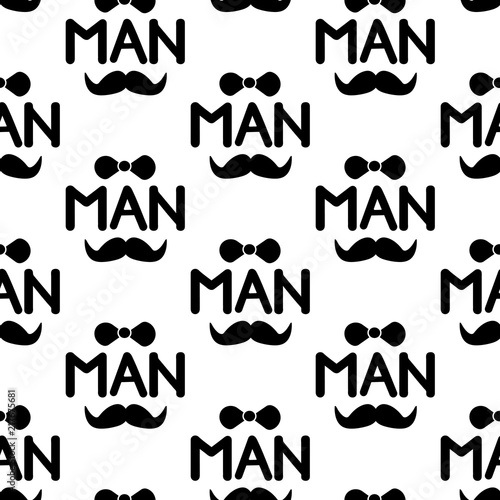 Seamless pattern with black mustache, bow-tie and word Man
