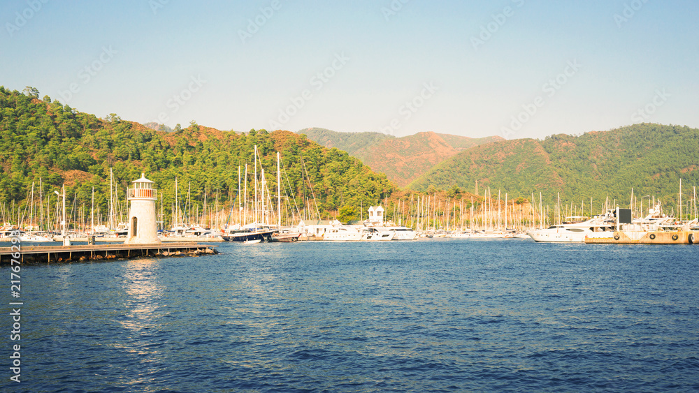 Naklejka premium Yachts docked in bay.