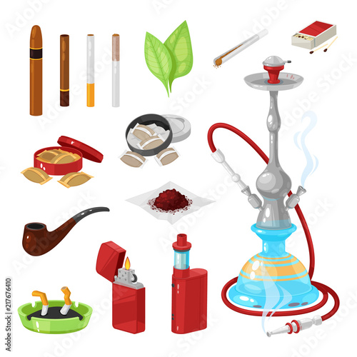 Set of smoking and bad habits. Cigars, cigarettes, cigarillos, fire.