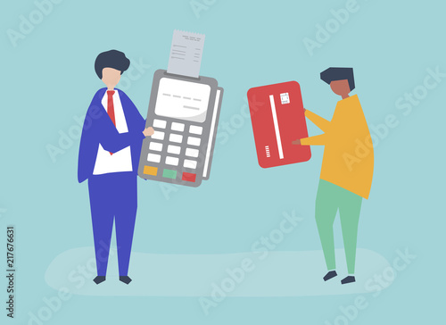Characters of people making a credit card transaction illustration