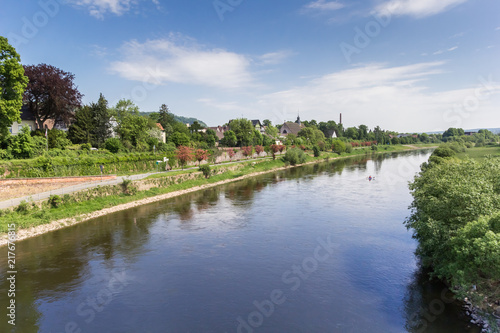 Weser river and historic city Hoxter, Germany