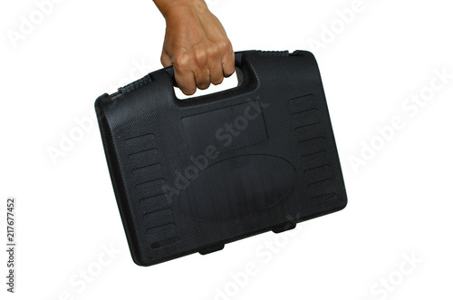 hand holds a black plastic case on a white background isolate