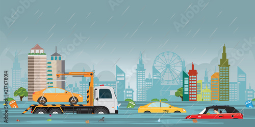 Heavy rain drops and city flood on city view .