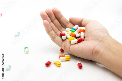 Colorful capsules tablets hold on hand. Image use for health care concept